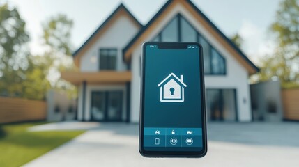A smartphone displaying a home security app is positioned in front of a modern house, symbolizing smart home technology and remote access to security features.