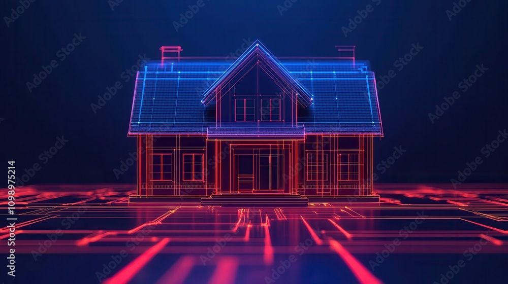 Poster A futuristic digital representation of a house with a blue and red wireframe design, emphasizing technology in architecture and smart home concepts.