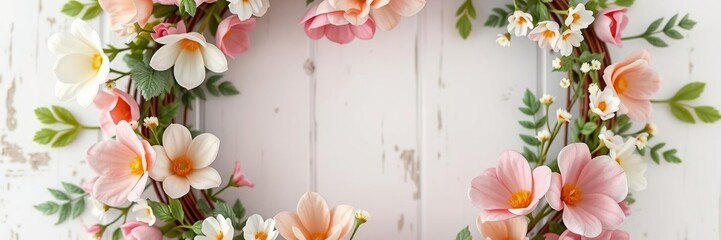 Obraz premium Distressed floral wreath background with artificial flowers and greenery in pastel shades, wallpaper, eclectic