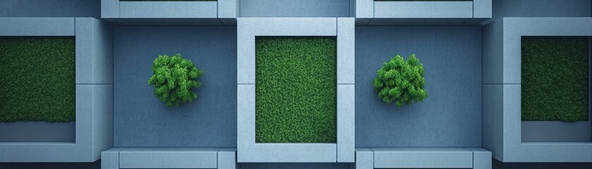 Aerial View of Modern Architectural Design Featuring Green Plants and Greeneries in Minimalist Urban Environment with Concrete Structures