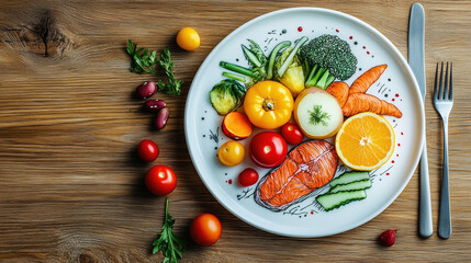 Childlike Crayon and Colored Pencil Illustrations of Playful Meals on White Ceramic Plate, Featuring Rice, Beans, Vegetables, Meat, and Fish, on a Poor Wooden Table with Fork and Knife