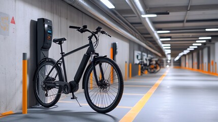 Obraz premium An electric bike is parked next to a charging station in a garage with other cars parked in the background.