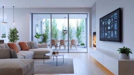 Fototapeta premium A modern living room with neutral colors, large windows, and a cozy layout featuring a sofa, coffee table, and a wall-mounted TV.