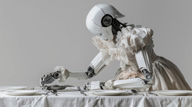 AI Robot Wearing Housemaid Attire Setting the Table with Tableware and Silverware