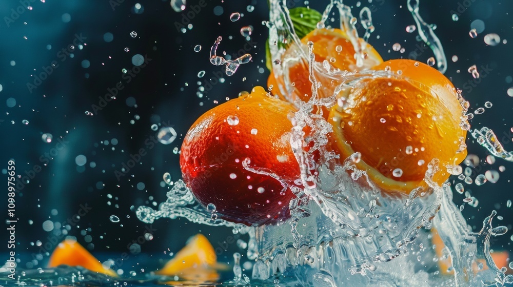 Poster oranges splashing into water in vibrant action shot