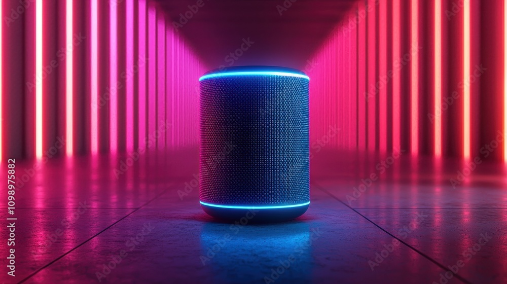 Aufkleber a futuristic scene featuring a cylindrical object surrounded by vibrant neon lights in a dark corrid