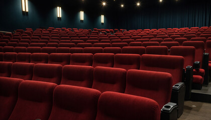 Fototapeta premium Rows of plush red theater seats in an empty cinema hall, creating a cozy and elegant atmosphere, ready for a performance or movie screening.