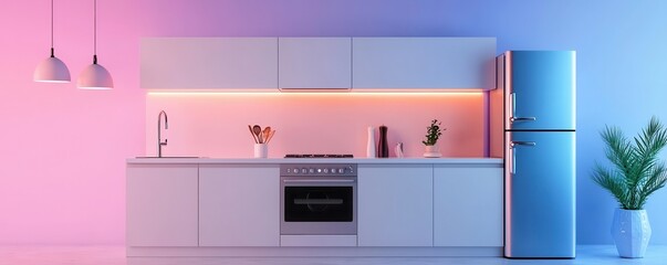 A modern kitchen featuring sleek cabinetry, an oven, a blue refrigerator, and ambient lighting in a gradient of pink and blue.