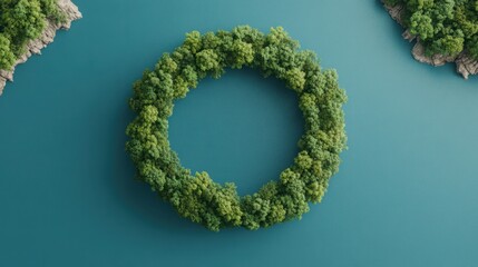 Lush Green Circular Island Surrounded by Calm Blue Waters, Ideal for Nature and Travel Concepts, Showcasing Serenity and Harmony in a Unique Landscape