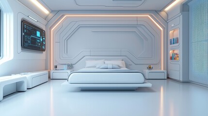 Fototapeta premium A futuristic, minimalist bedroom featuring sleek white designs, ambient lighting, and high-tech elements, creating a modern and clean aesthetic.