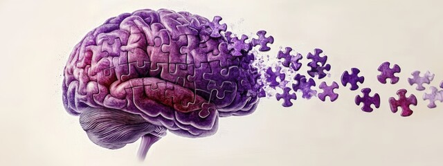 Brain with Purple Puzzle Pieces Representing Alzheimer Disease Dementia Memory Loss Parkinson Awareness and Cognitive Disorders