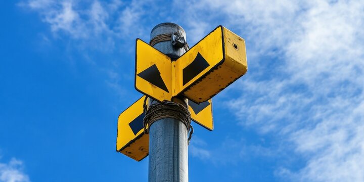 Yellow and black directional sign pointing left and right on a metal pole against a blue sky with clouds.