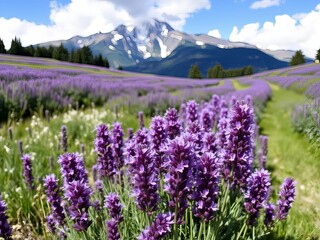 Obraz premium A beautiful landscape with rows of lavender fields in the foreground and mountains in the background. The sky is a soft pink and purple color.