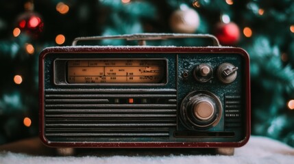 Fototapeta premium Vintage Radio on a Soft Surface with Twinkling Holiday Lights in the Background, Capturing Nostalgic Festive Vibes and Memories of Yesteryear