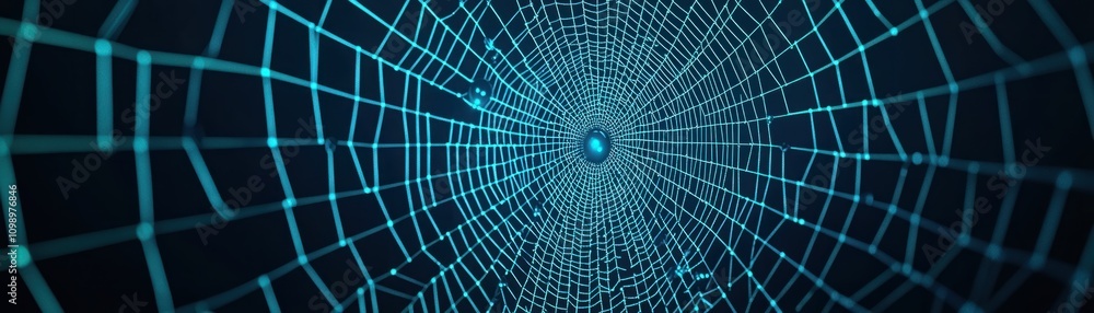 Poster Captivating Blue Spider Web with Intricate Patterns Illuminated by Soft Light Against a Dark Background, Creating an Enchanting Visual Effect Ideal for Nature and Abstract Photography