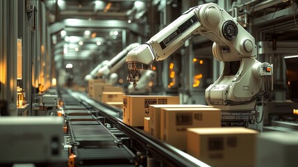 Fototapeta premium A robotic arm in a modern warehouse places boxes on a conveyor belt, accompanied by dynamic blurring effects, showcasing the combination of industrial automation and logistics transportation.