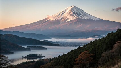Gentle mist surrounding majestic Mount Fuji as it basks in warm evening light, mount fuji, east asian mountains