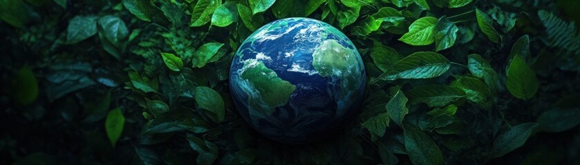 Fototapeta premium A Vibrant Earth Surrounded by Lush Green Leaves Representing Environmental Awareness, Sustainability, and Nature's Beauty in a Tranquil Setting