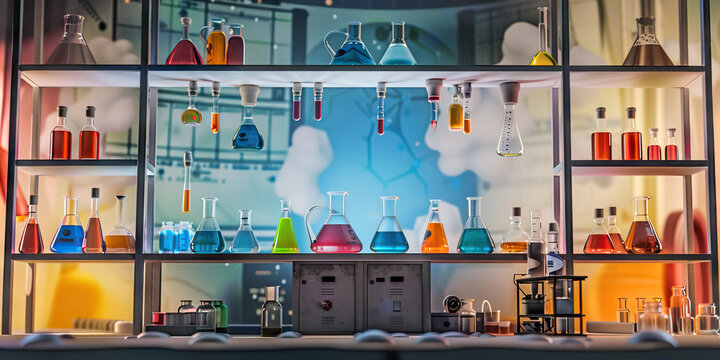 Science Lab Talk Show Set: A laboratory-themed stage with scientific equipment, beakers, and a backdrop featuring scientific experiments and discoveries