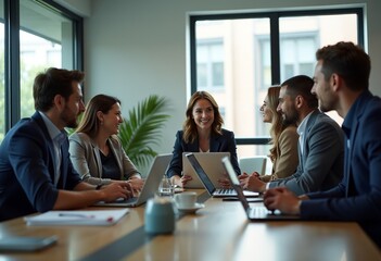 Diverse Business Team Collaborating in a Modern Office: Professionals Engaged in a Conference Meeting with Laptops and Natural Lighting