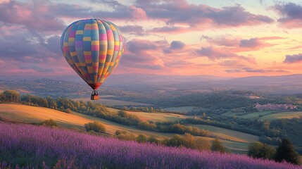 Obraz premium A colorful hot air balloon floats over a scenic landscape at sunset, surrounded by fields.