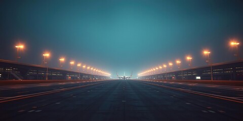 Low-angle shot of airport runway with dimmed overhead lights, landing strip, runway, dim light