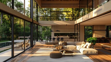 Fototapeta premium Modern house with floor-to-ceiling windows and an open floor plan, emphasizing spaciousness