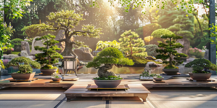 Zen Garden Talk Show Set: A serene set with Zen garden decor, bonsai trees, and a backdrop featuring a tranquil Japanese garden