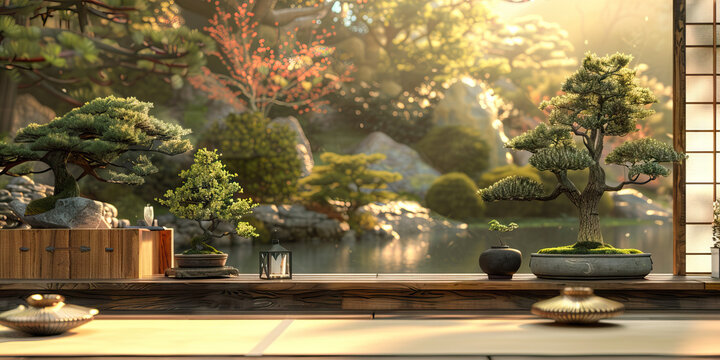 Zen Garden Talk Show Set: A serene set with Zen garden decor, bonsai trees, and a backdrop featuring a tranquil Japanese garden
