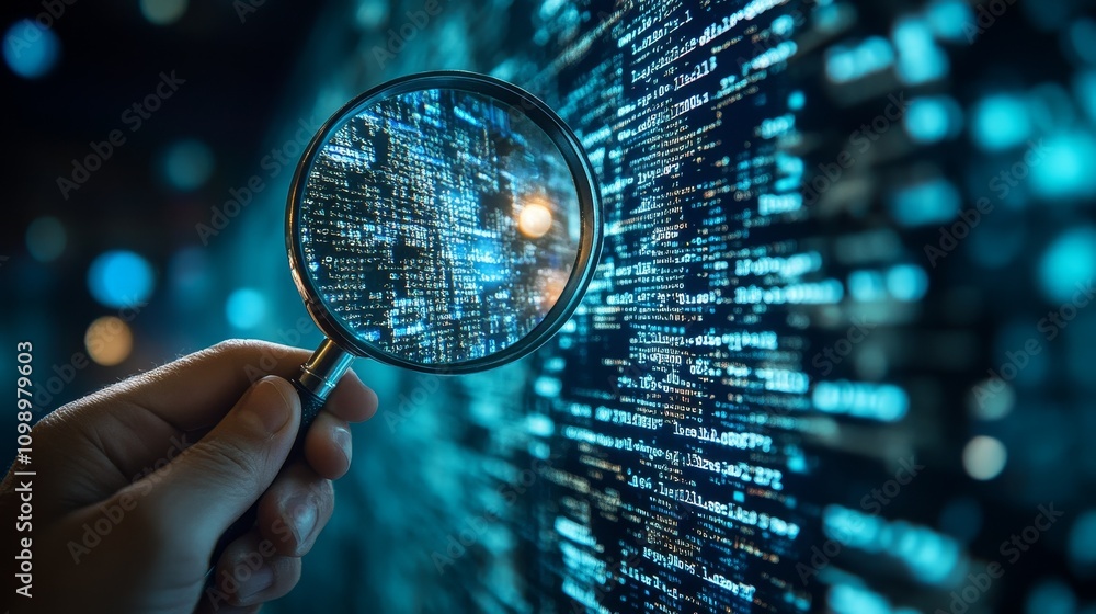 Poster holding a magnifying glass, examining digital codes, showcasing the concept of technical detective, 