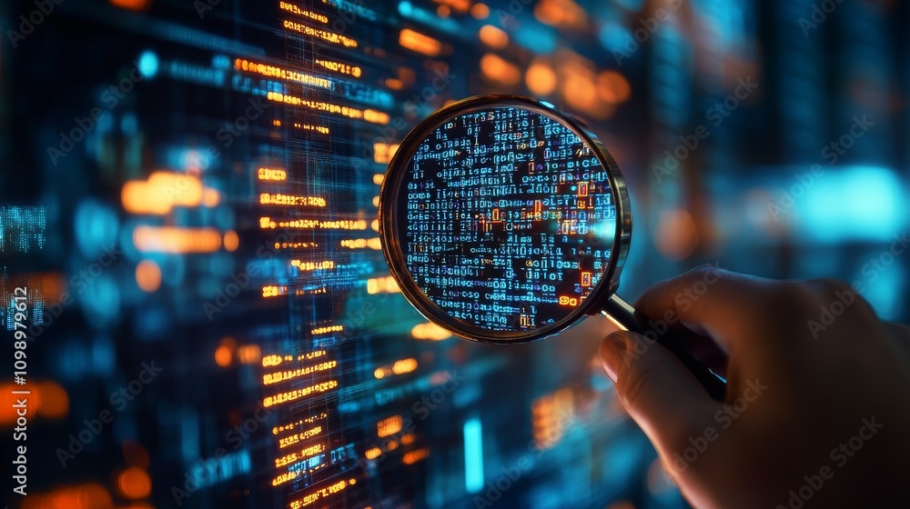 Poster holding a magnifying glass, examining digital codes, showcasing the concept of technical detective, 