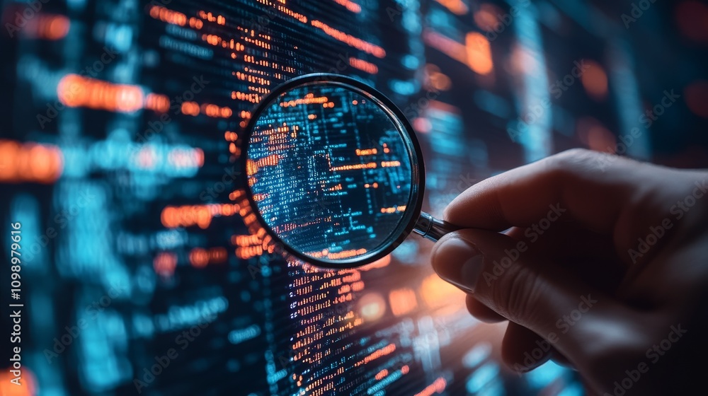 Poster holding a magnifying glass, examining digital codes, showcasing the concept of technical detective, 