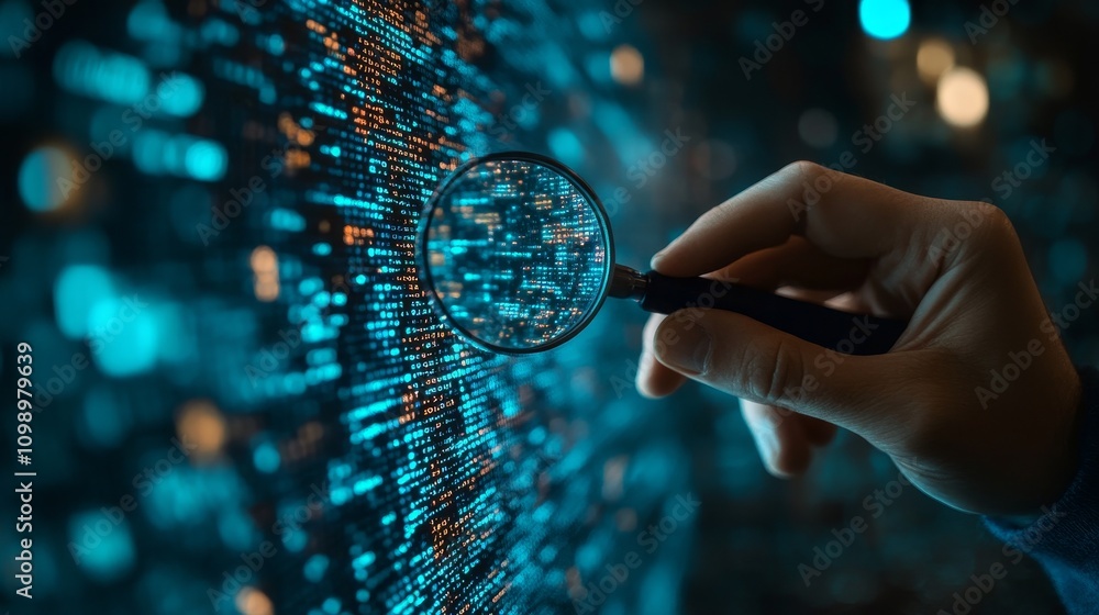 Poster holding a magnifying glass, examining digital codes, showcasing the concept of technical detective, 