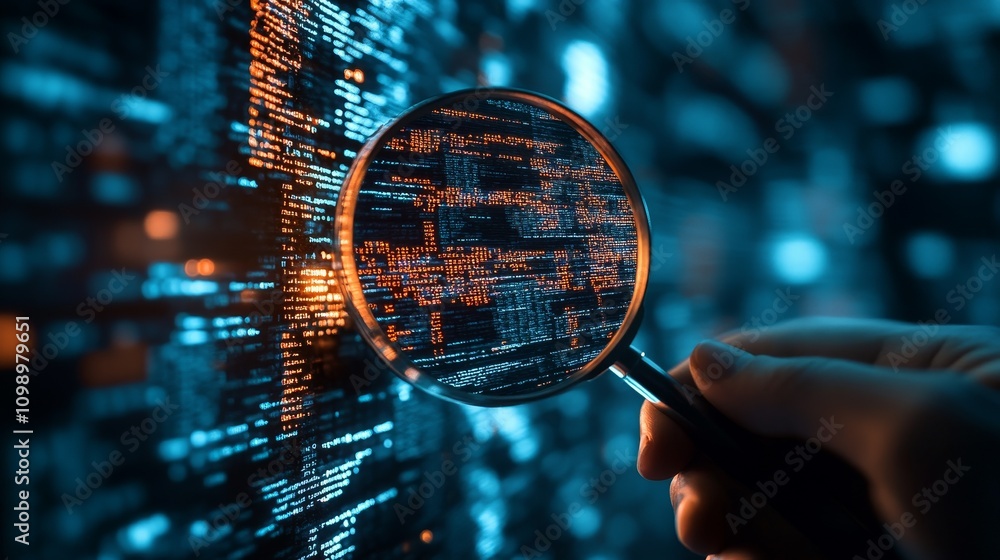 Poster holding a magnifying glass, examining digital codes, showcasing the concept of technical detective, 
