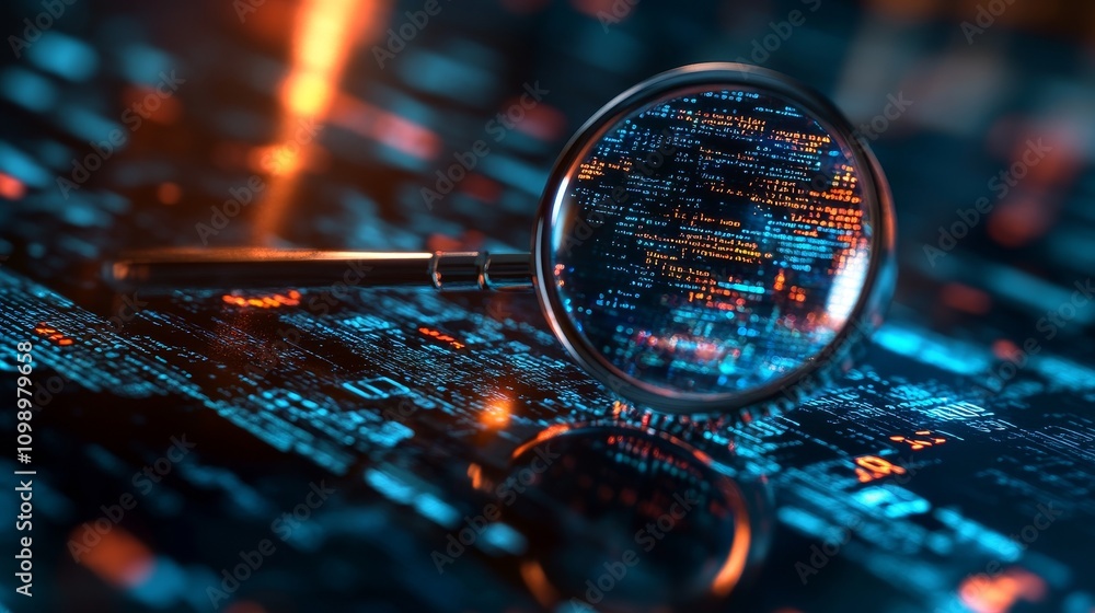 Poster holding a magnifying glass, examining digital codes, showcasing the concept of technical detective, 