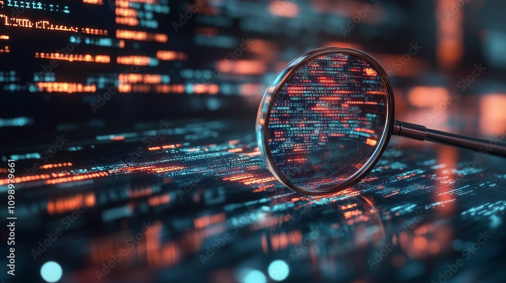 Poster holding a magnifying glass, examining digital codes, showcasing the concept of technical detective, 