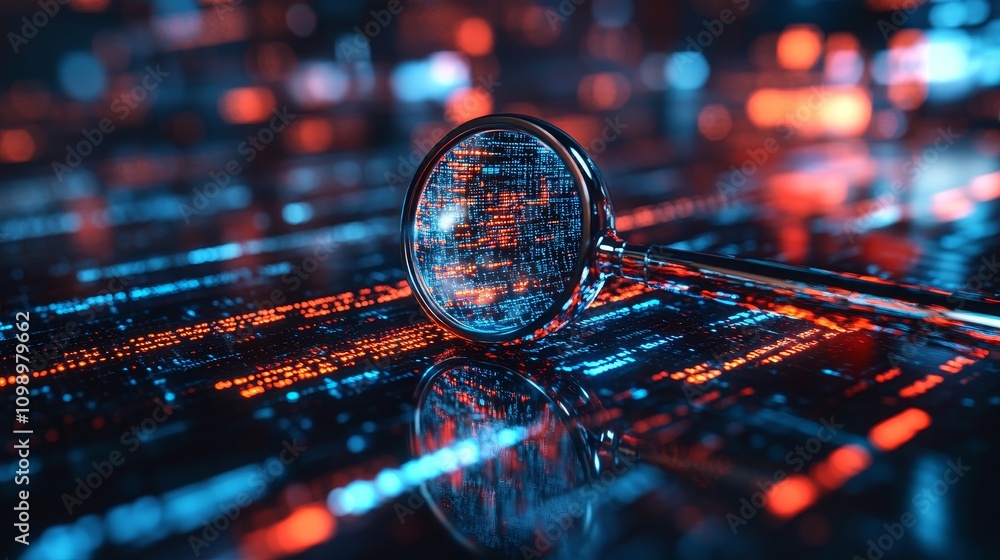 Poster holding a magnifying glass, examining digital codes, showcasing the concept of technical detective, 