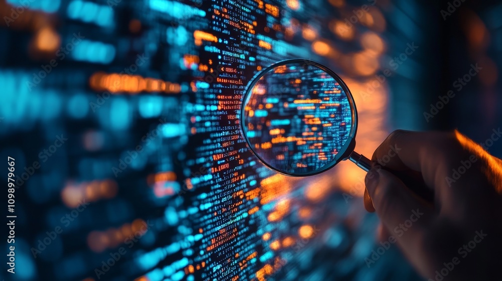 Poster holding a magnifying glass, examining digital codes, showcasing the concept of technical detective, 