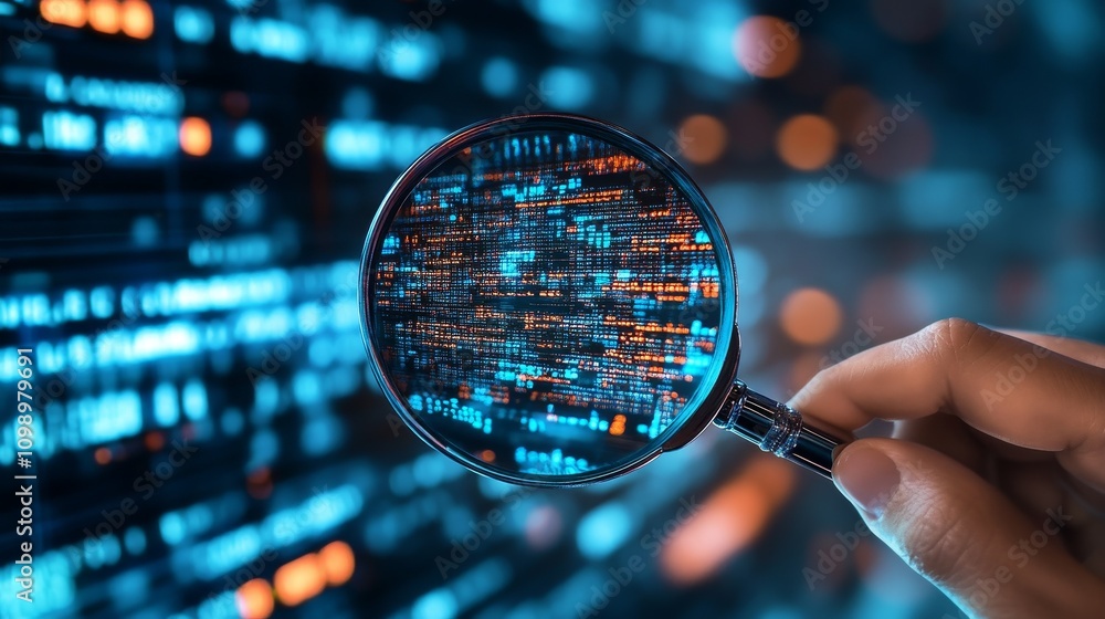 Poster holding a magnifying glass, examining digital codes, showcasing the concept of technical detective, 
