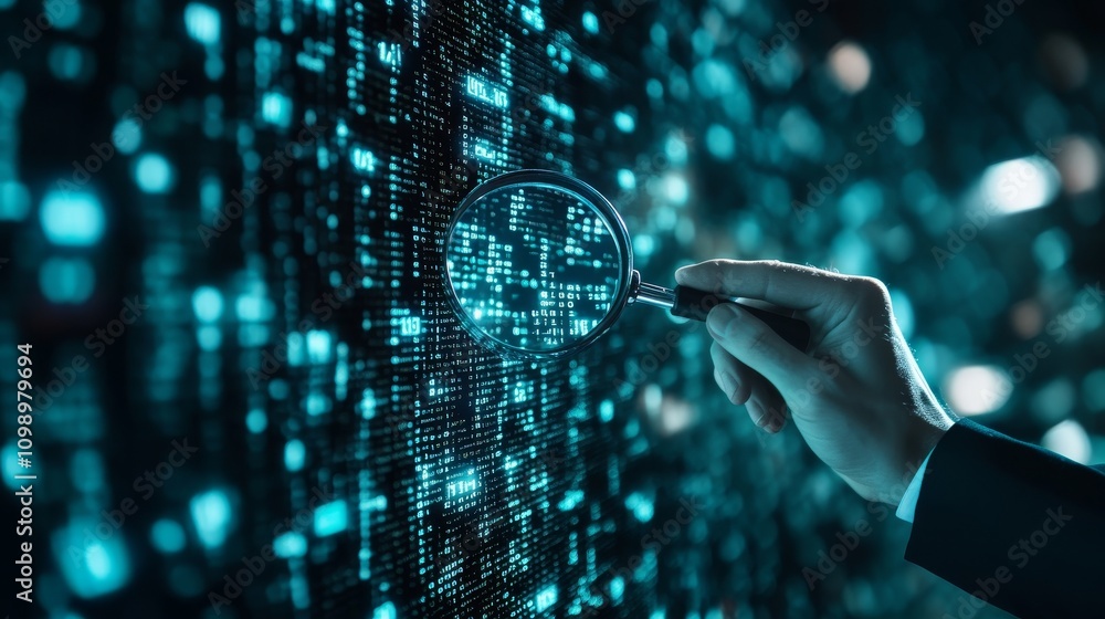 Poster holding a magnifying glass, examining digital codes, showcasing the concept of technical detective, 