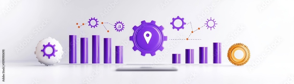 Poster a conceptual illustration of data analysis with graphs and gears in vibrant colors.