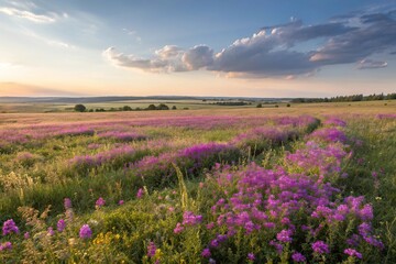 Fototapeta premium Panoramic view of a sun-kissed meadow with purple flowers, sun-kissed meadow, countryside, panoramic view