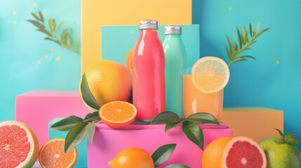 Fototapeta premium Citrus juices and fresh fruits in a colorful composition