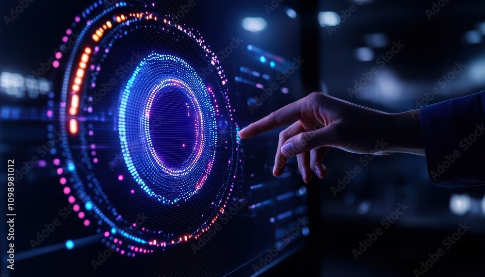 Poster a hand interacts with a futuristic digital display, showcasing vibrant data visualization.