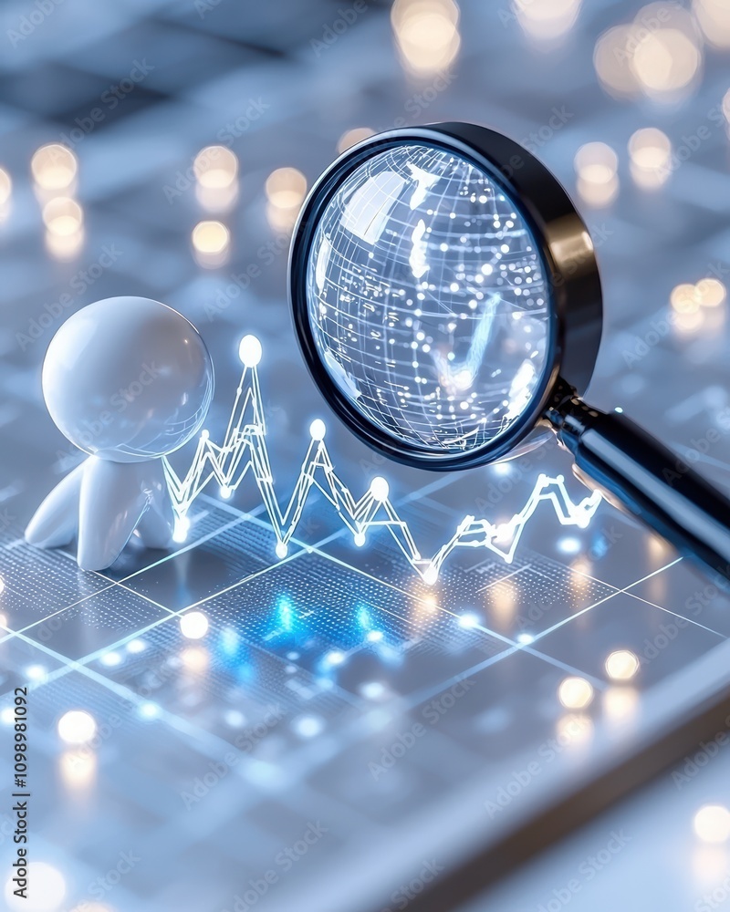 Poster a magnifying glass over a digital display emphasizing data analysis and growth trends.