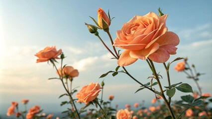 Obraz premium Pastel orange rose flowers against a soft blue sky, serene atmosphere, soft blue sky