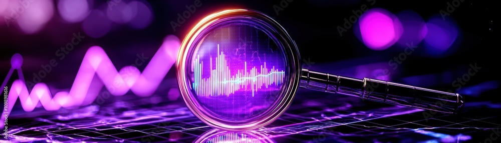 Poster a vibrant visualization of sound waves through a magnifying glass on a digital display.