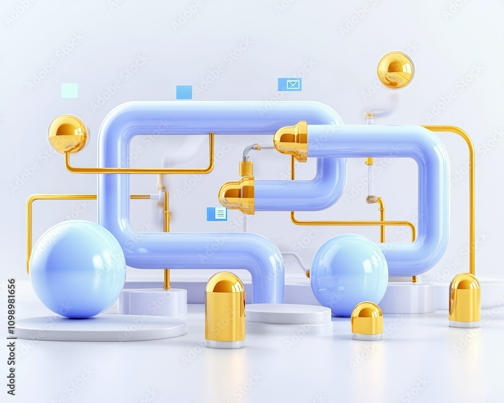 Poster abstract 3d composition featuring colorful pipes and geometric shapes on a clean backdrop.
