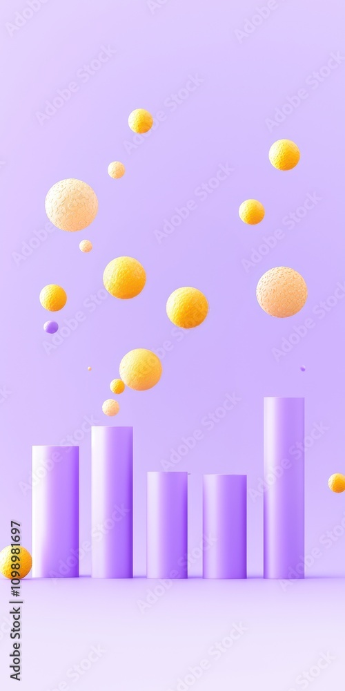 Poster abstract data visualization with colorful bars and spheres on a soft purple background.