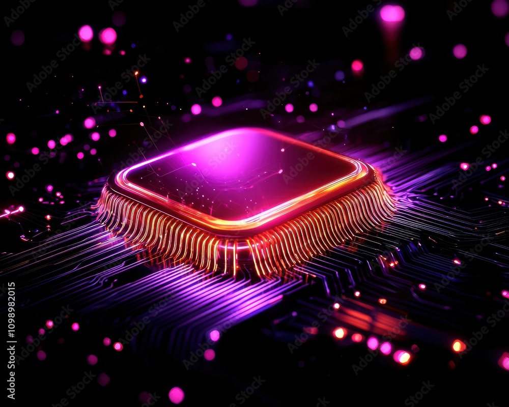 Poster bright, futuristic microchip with vibrant colors and glowing particles in a dark setting.